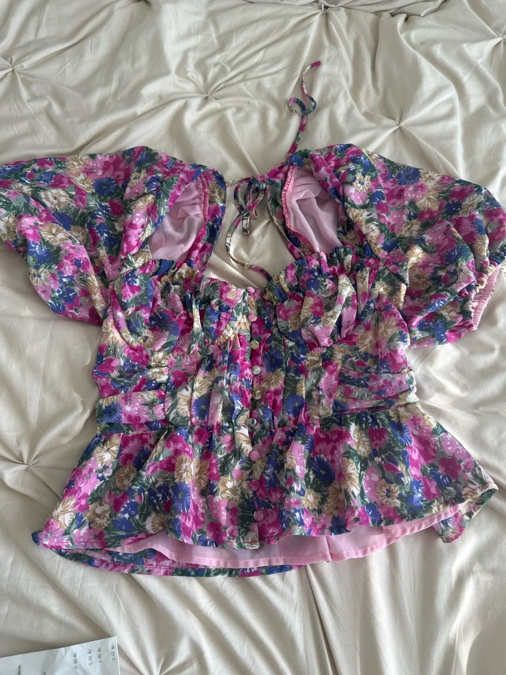 Astr Pink & Blue Floral Puff-Sleeve Peplum Top